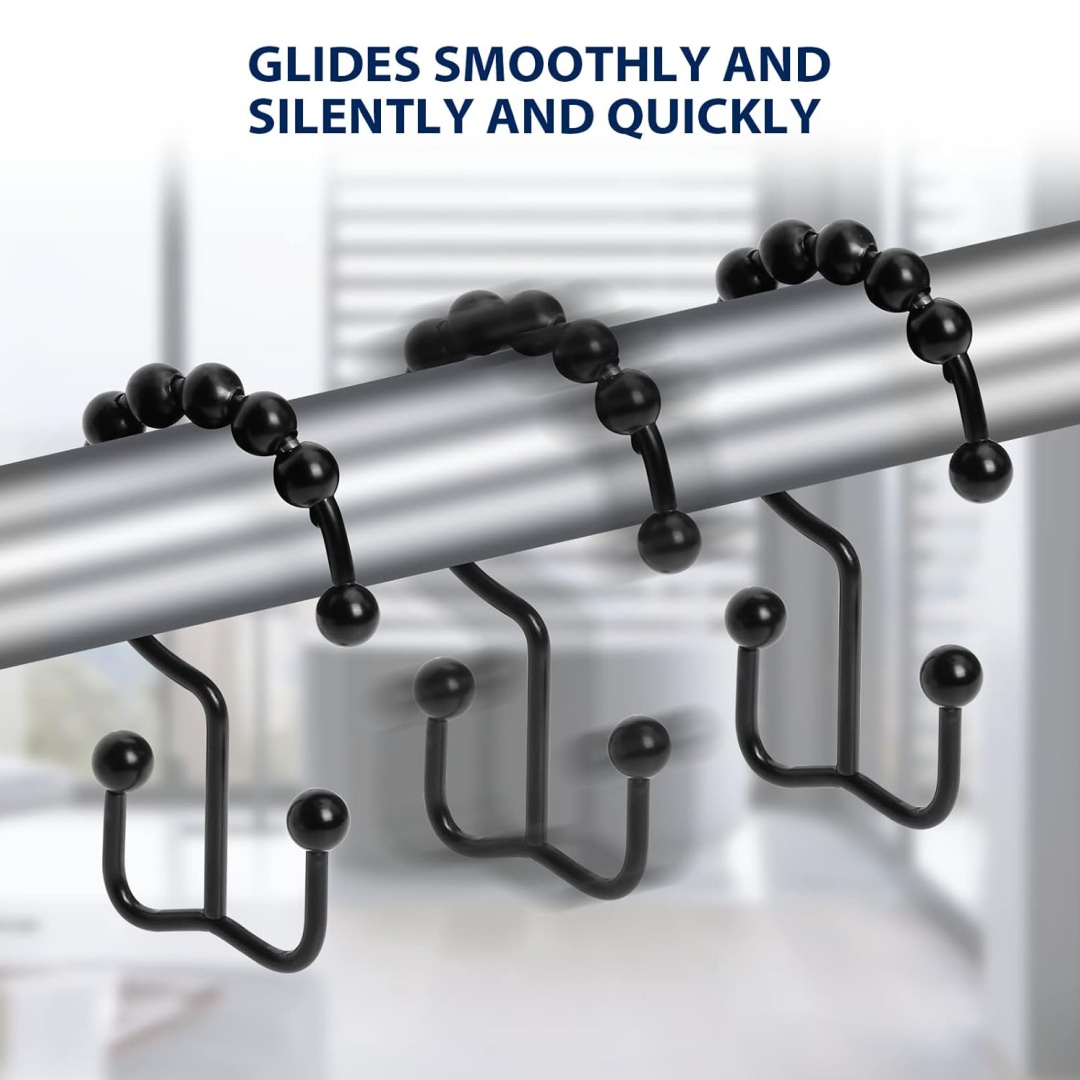 Curtain Rods - ตะขอแขวนม่านอาบน้ำ, ตะขอแขวนม่านอาบน้ำสองด้านสแตนเลสแข็งแรง, ห่วงแขวนห้องน้ำ, ราวม่านอาบน้ำ, สีดำด้าน, ชุด