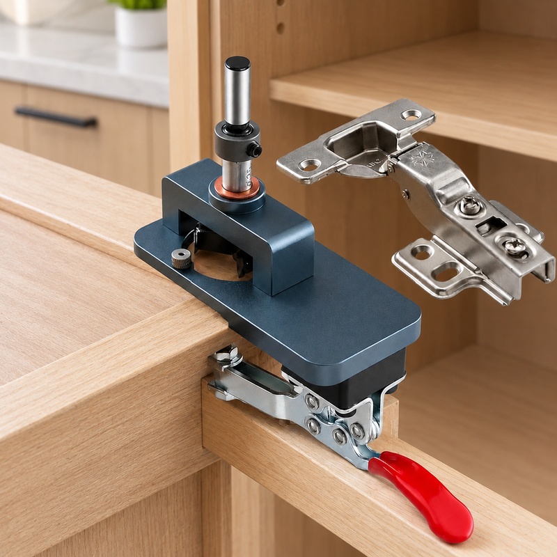 Cabinet Hinges - ตัวยึดนำร่องสำหรับเจาะแบบแม่นยำ สำหรับติดตั้งบานพับตู้ขนาด 35 มม. พร้อมตัวรองรับขอบที่ปรับได้