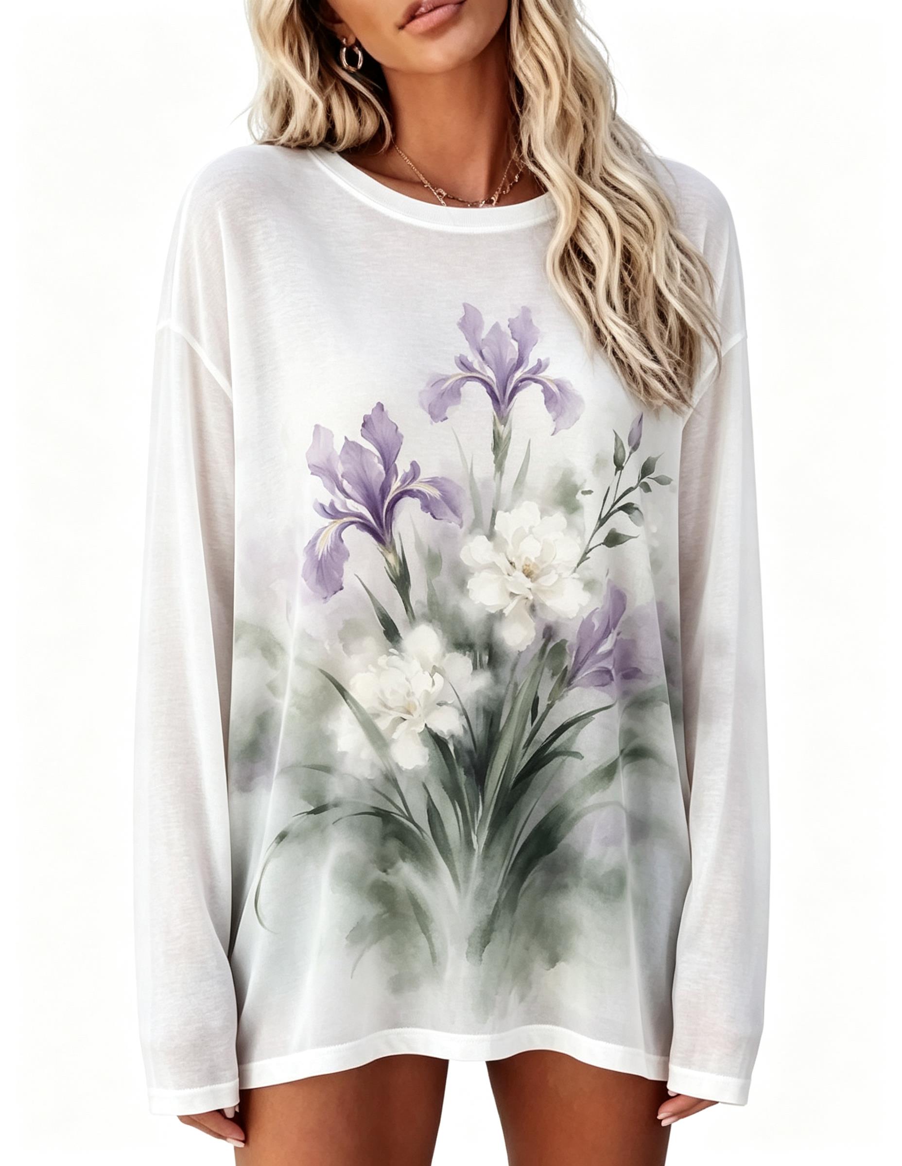 เสื้อยืดแขนยาวผู้หญิง ลายดอกกุ - Wallpaper บทวิจารณ์และราคา